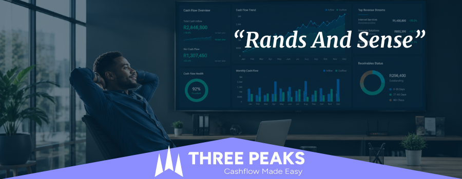 Relaxed business owner viewing cash flow dashboard on screen, Three Peaks Rands and Sense subscription cash flow article