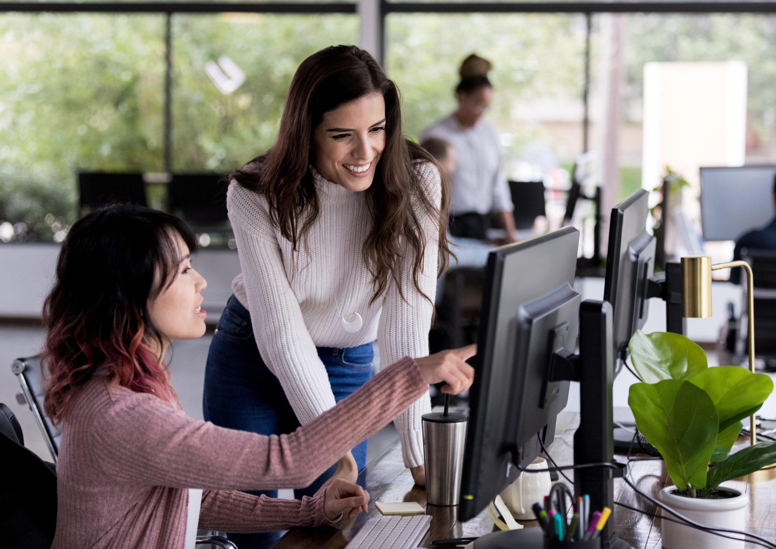 Two colleagues reviewing Digital Mandate details together at a desktop computer in the office