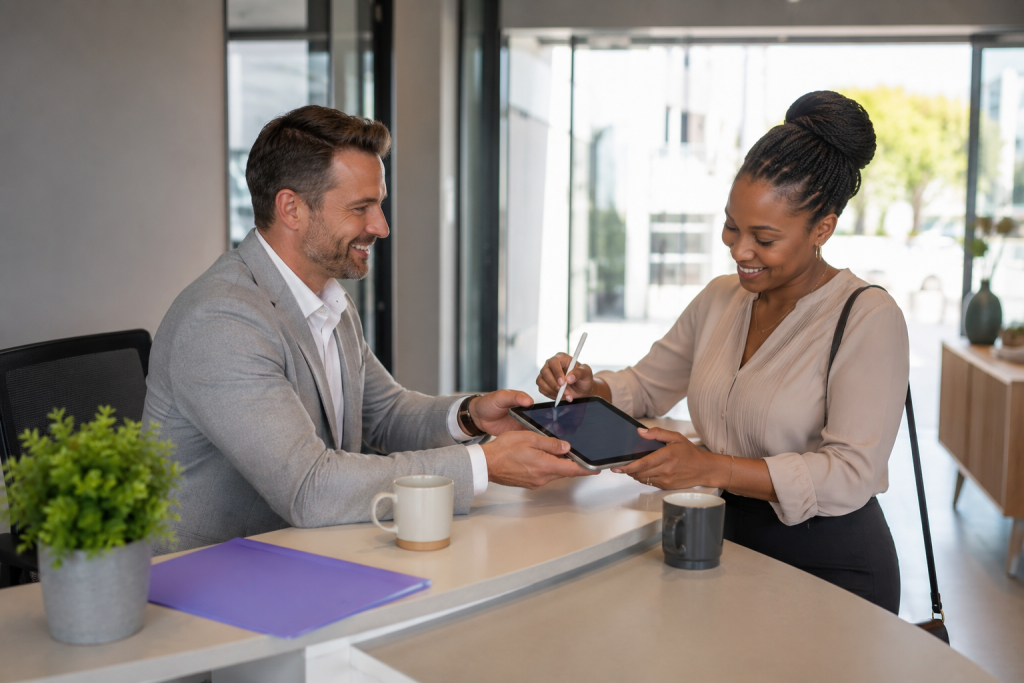 New client signing onboarding documents digitally with a South African business owner