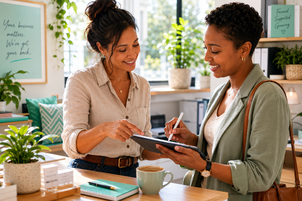 Business owner and client completing digital mandate authorisation during onboarding