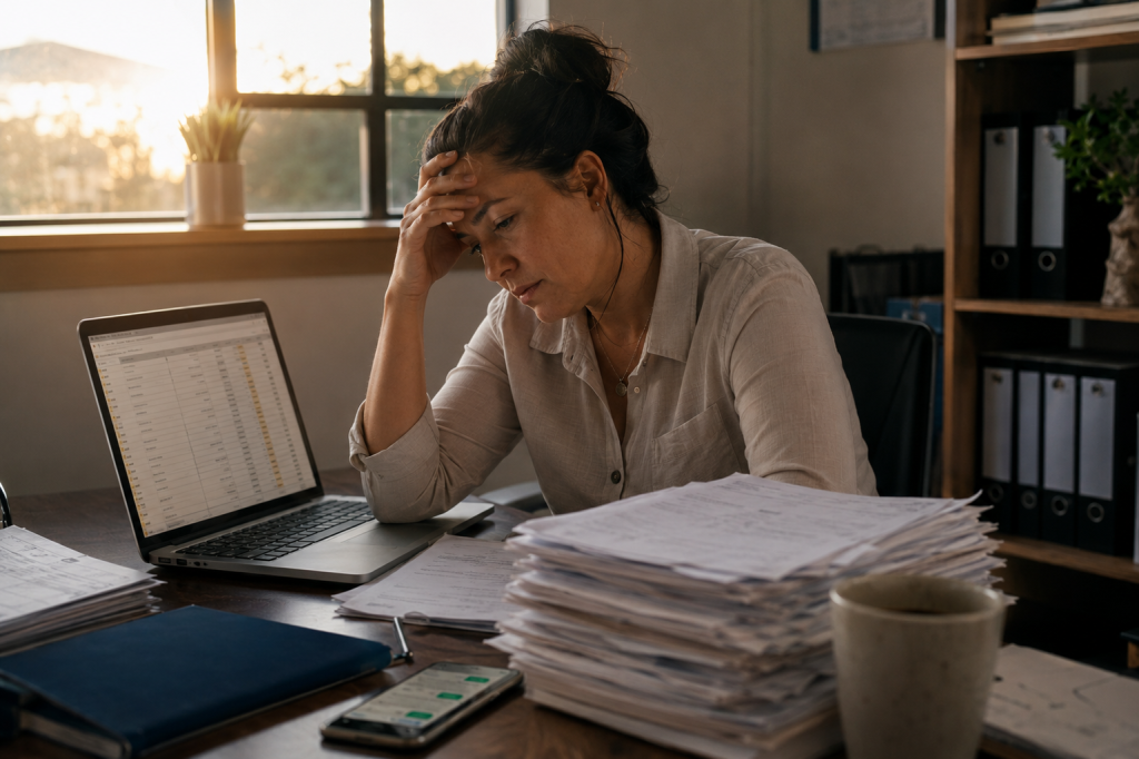 Tired small business owner reviewing overdue invoices and manual payment follow-ups at her desk