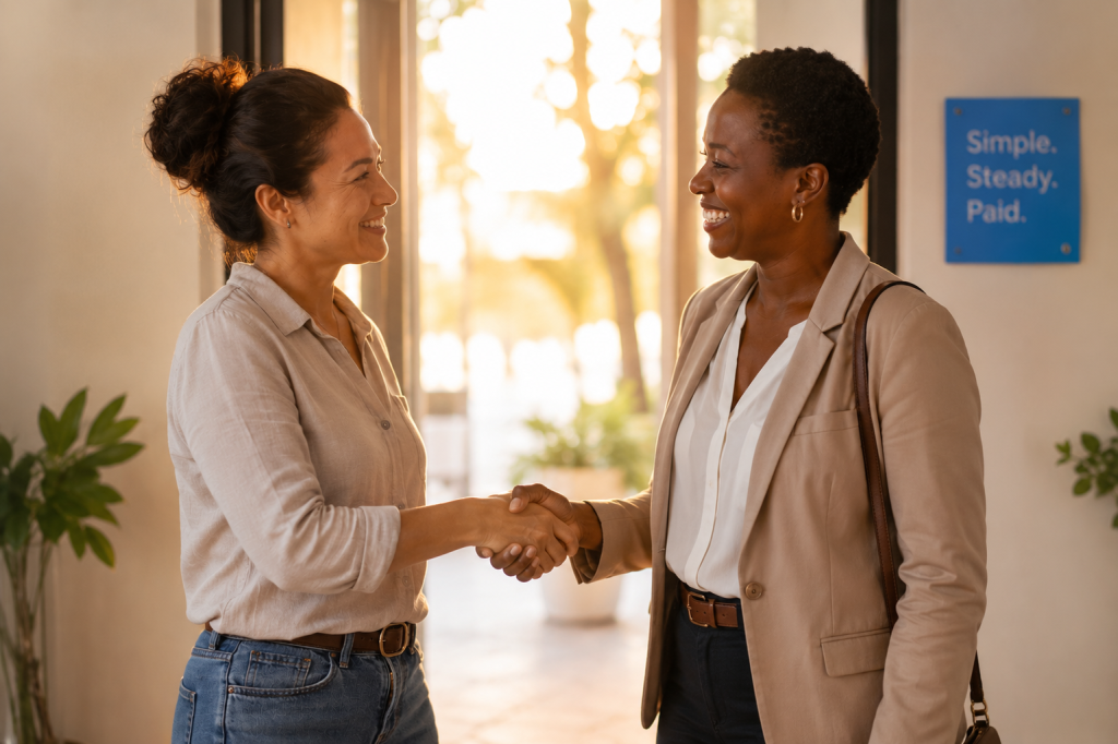Small business owner and client sharing a relaxed moment after payment admin moved to the background
