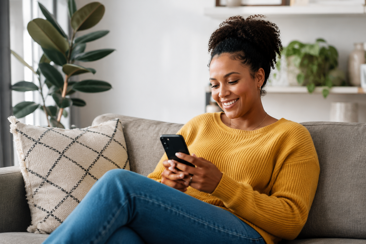 Woman smiling while reviewing her Custom Forms onboarding on her phone at home