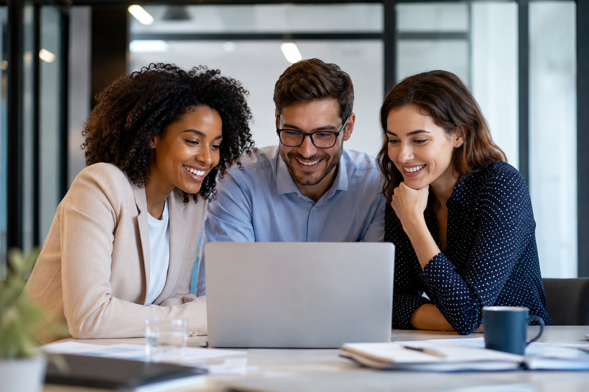 Three colleagues smiling and collaborating around a laptop