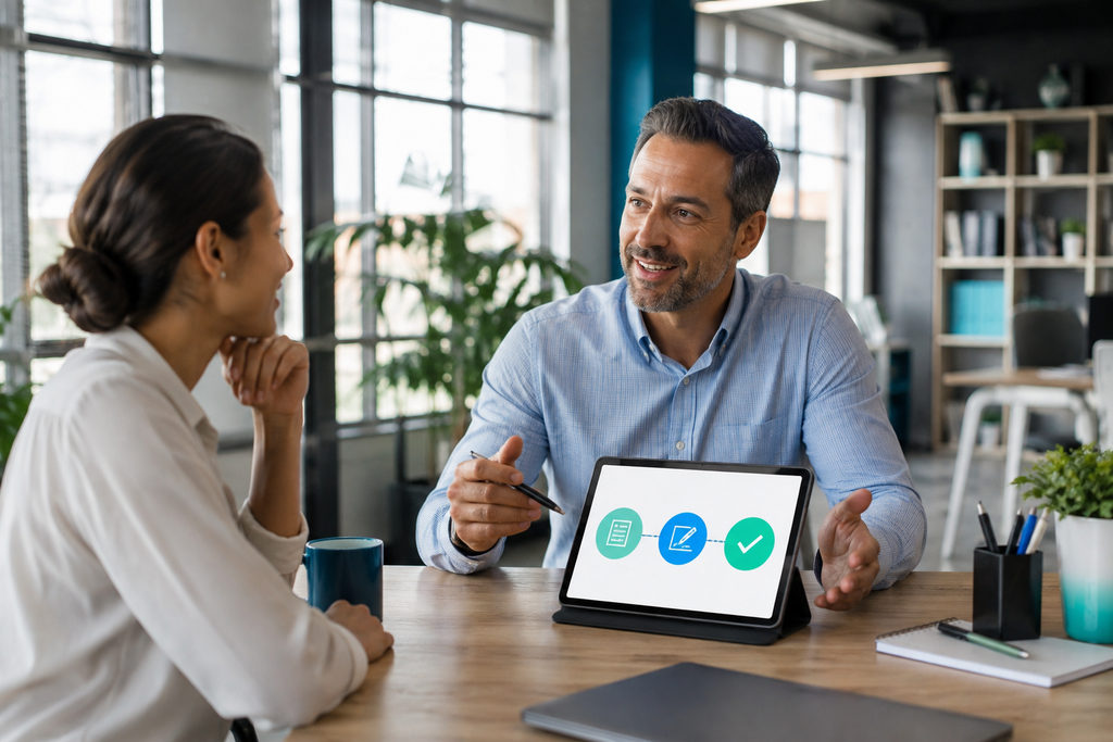 Business owner explaining the connected onboarding, authorisation and collection journey to a colleague.