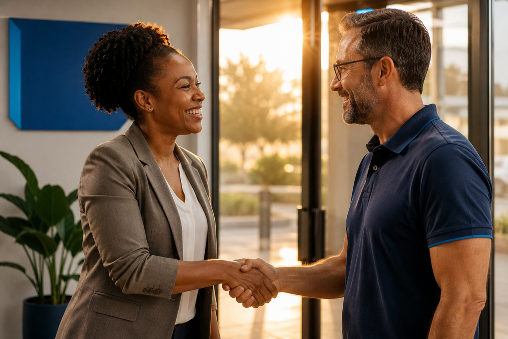 Business owner and new customer shaking hands after a smooth, connected onboarding experience, representative of any industry.